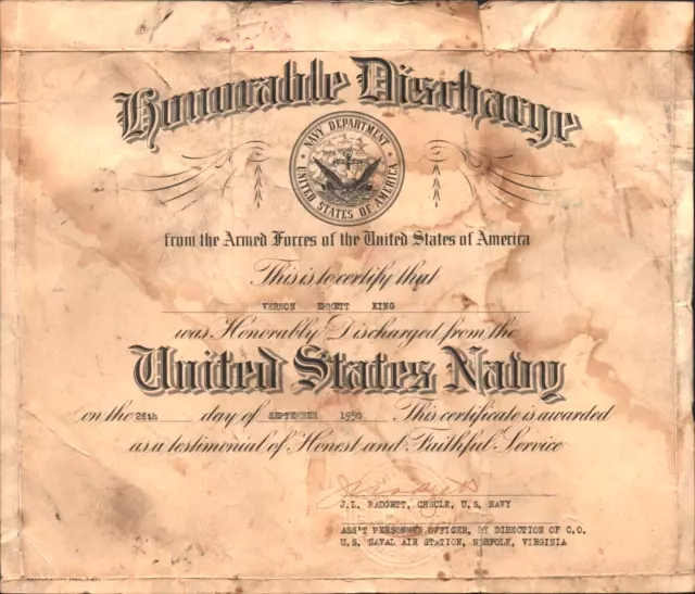 1950 UNITED STATES NAVY HONORABLE DISCHARGE vintage military document NORFOLK VA