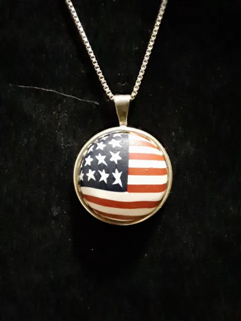 Sterling Silver American Flag Pendant Necklace