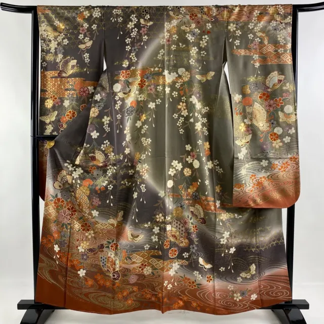 Japanese Kimono Silk Furisode Long Sleeves Gold Leaf Butterfly Cherry Gray 62"