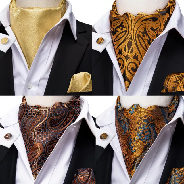 Mens Silk Cravat Ascot Vintage Scarf Gold Paisley Tie Hanky Cuffs Wedding Event