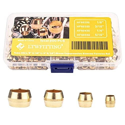 Assortment Kit 1/8 3/16 1/4 5/16 Inch OD Compression Sleeves Ferrules, Brass