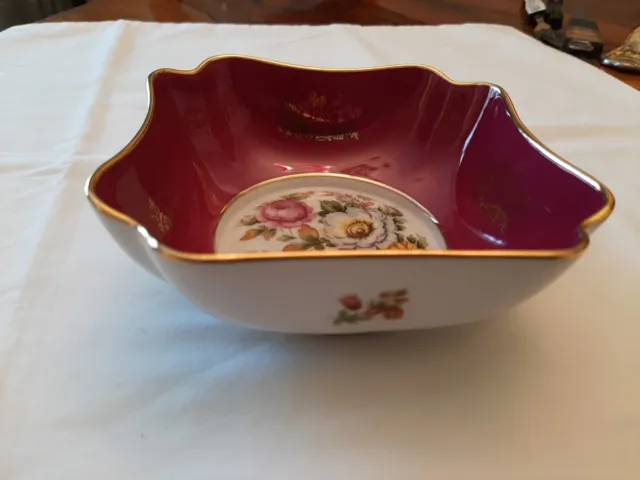 LIMOGES~ La Reine  France Porcelain  Roses Trinket Dish 5" Burgundy 2