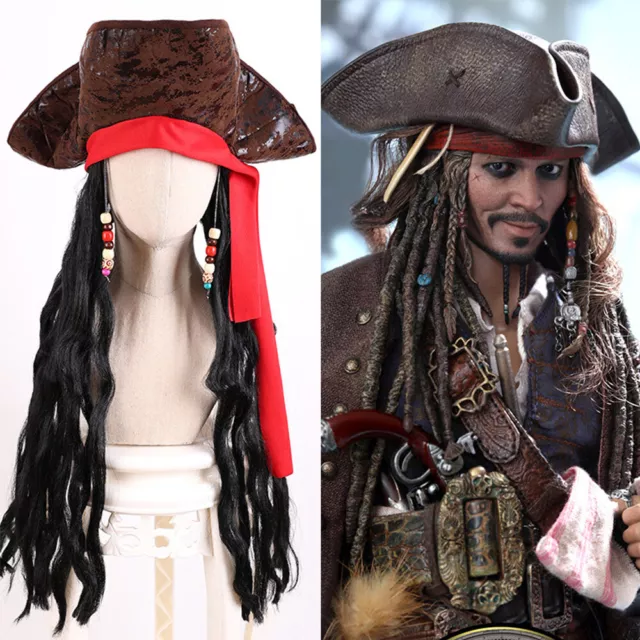 Cappello Pirata Marrone con Dreadlocks Uomo Caraibi Fantasy Abito Costume Accessori 2