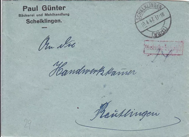 F.Zone - SCHELKLINGEN  (Württ.) - Gebühr bezahlt - Brief - 1947