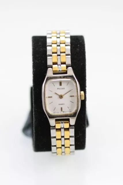 Pulsar Watch Women Silver Gold Stainless Battery Water Resistant White Quartz