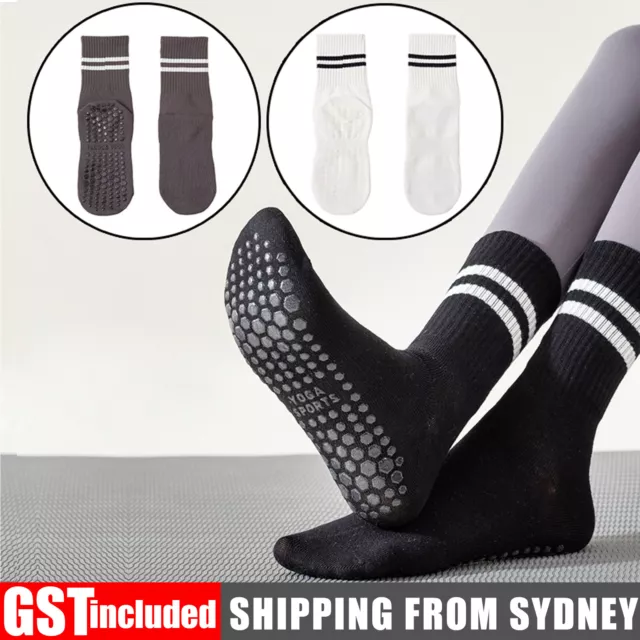 2Pairs Yoga Socks with Grips Non Slip Grip Crew Socks for Pilates Barre Dance AU