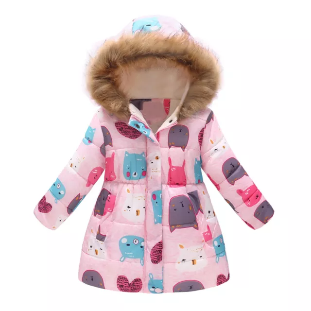 Girls Overcoat Mid-length Thickened Floral Print Plush Hooded Pockets Padded