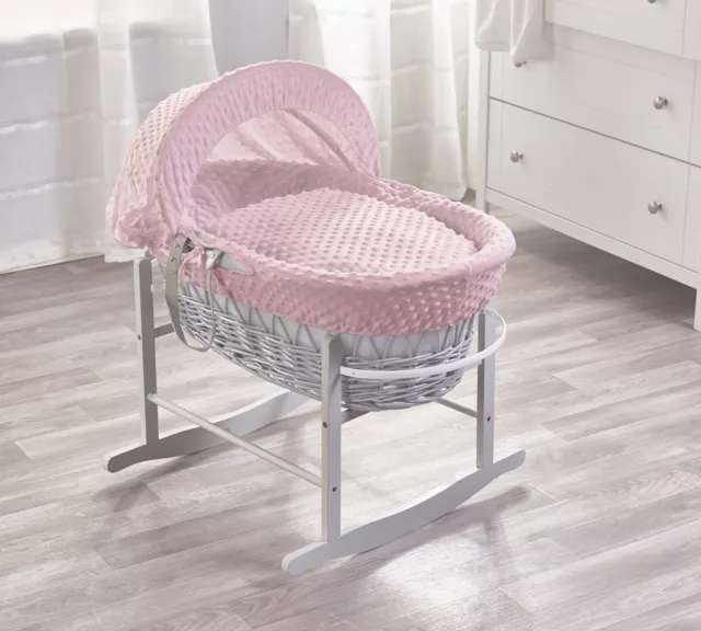 Girls Pink Moses Basket with Rocking Stand Mattress Wicker Padded Lining Baby