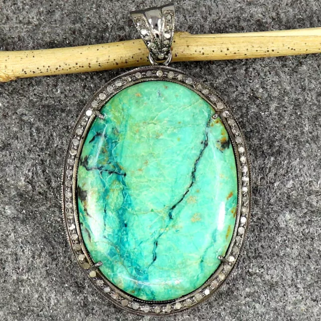 Natural Chrysocolla Pave Diamond 925 Sterling Silver Oxidized Fine Pendant PN609