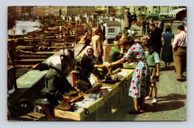 Old Postcard COPENHAGEN DENMARK GAMMEL STRAND Market Sea Boats Seafood 1955