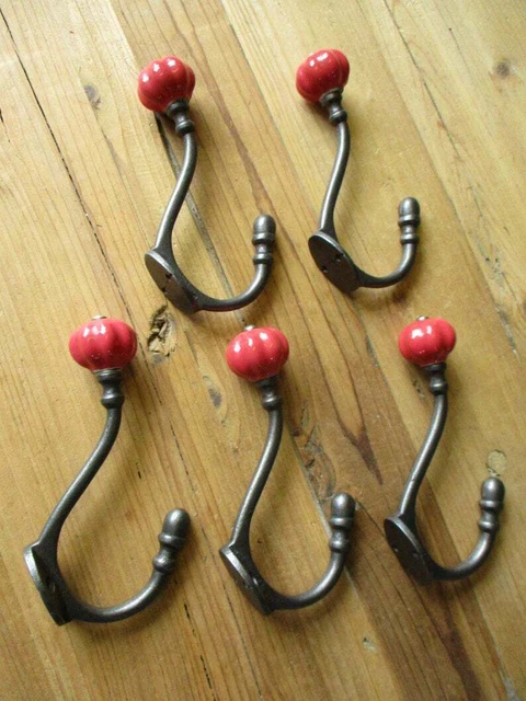 Antique Cast Iron Wall Hooks Red Pumpkin Coat Towel Handmade Hangings Lot of 5