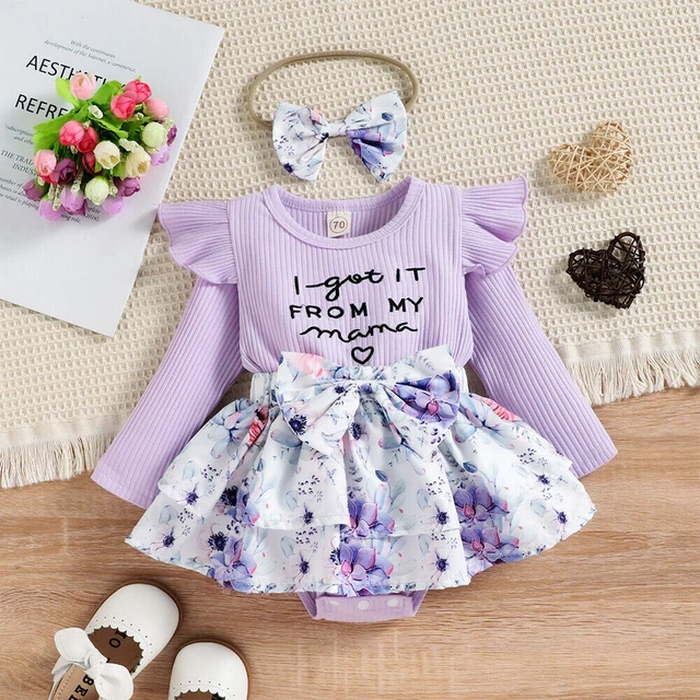 2PCS Newborn Baby Girls Floral Ribbed Romper Dress Headband Set Outfit Clothes 6