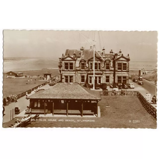 ST ANDREWS Golf Club House and Beach, Fife RP Postcard by Judges