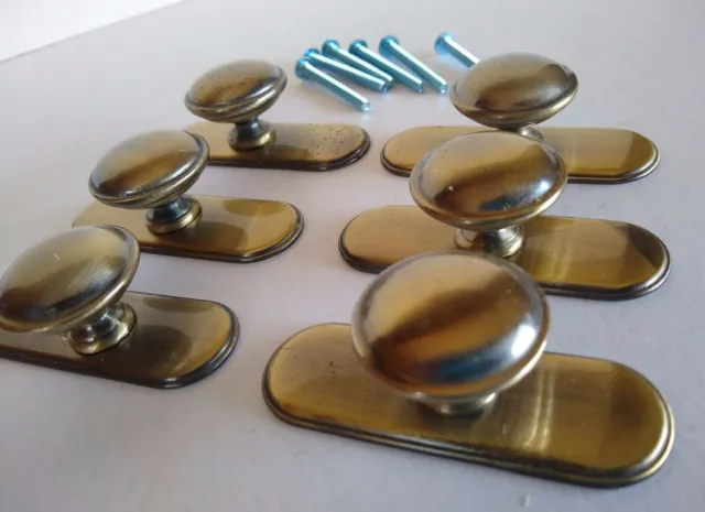 Antique Brass Brushed Drawer Cabinet Pulls Knobs Backing Plates Lot Of 6 W/Screw