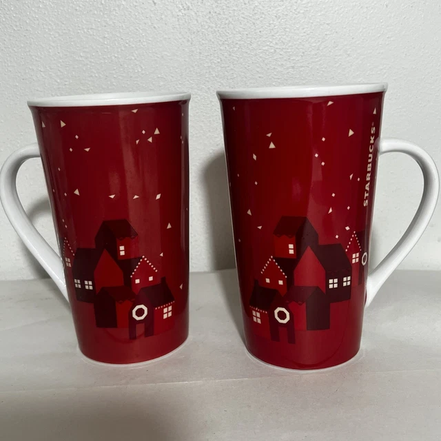2013 Starbucks Red Christmas Holiday Village Tall 16oz Coffee Tea Mug set 2 Mugs
