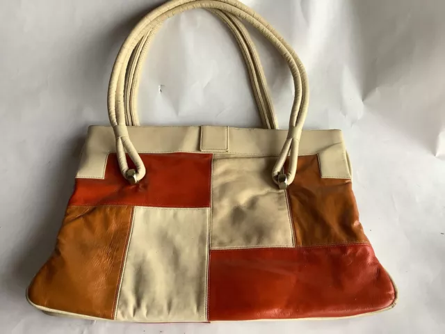 Lou Taylor Cream Orange Tan Patch Leather Vtg Handbag Purse Swivel Gold Mirror