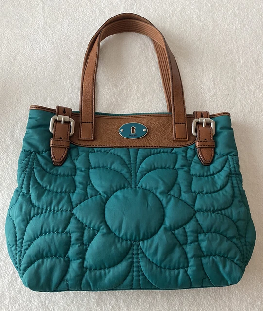 Fossil Key Per Shoulder Bag Purse Turquoise Nylon Floral Quilted Leather Trim