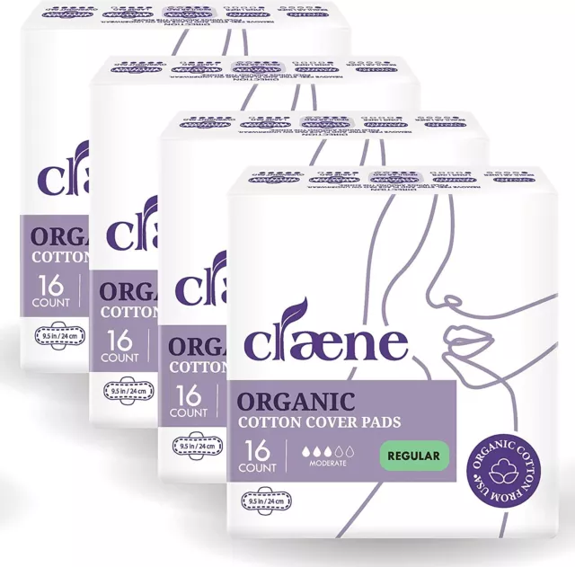 Claene Organic Regular Menstrual Pads Sanitary Napkins With Wings 4 Pack, 64 Ct