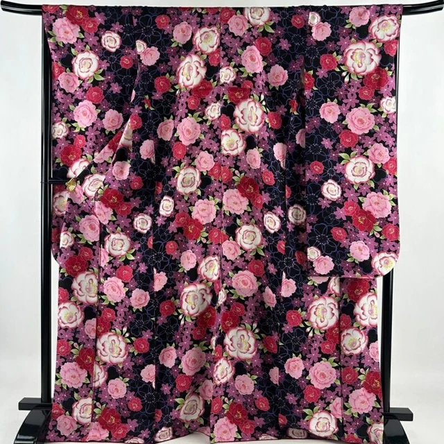 Woman Japanese Kimono Furisode Silk Flowers Silver Thread Dark Purple 170cm