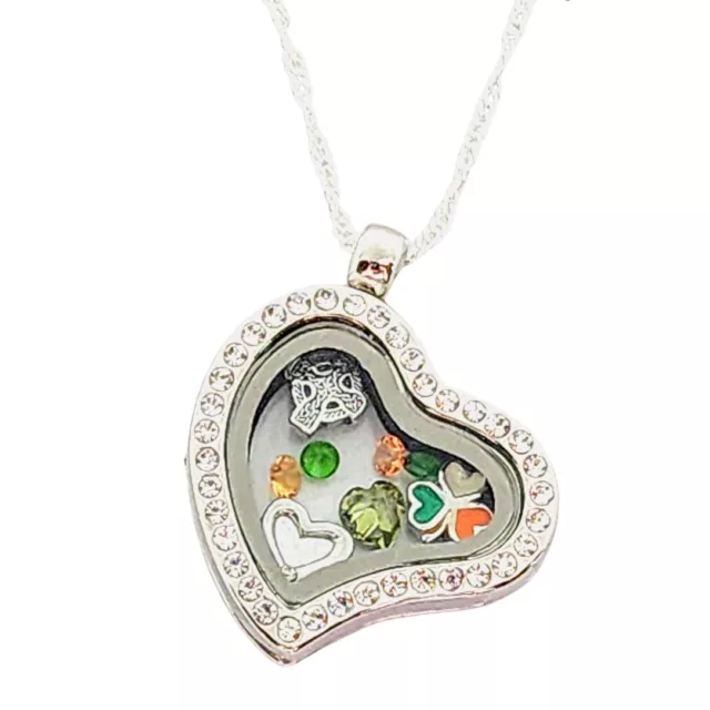 St Patrick's Celtic Shamrock Crystal Heart Locket Pendant Sterling Silver Chain St Patrick's Celtic Shamrock Crystal Heart Locket Pendant Sterling Silver Chain