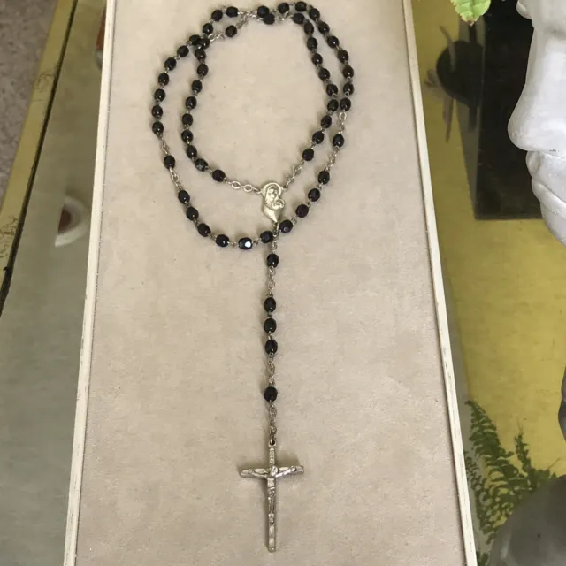 Vintage Rosary Jesus Mother Mary Black Glass Beads Silver Tone Necklace
