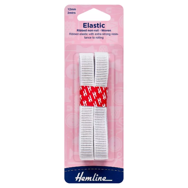 Hemline Polyester Non-Roll Ribbed Elastic White - Full Range of Sizes Available!