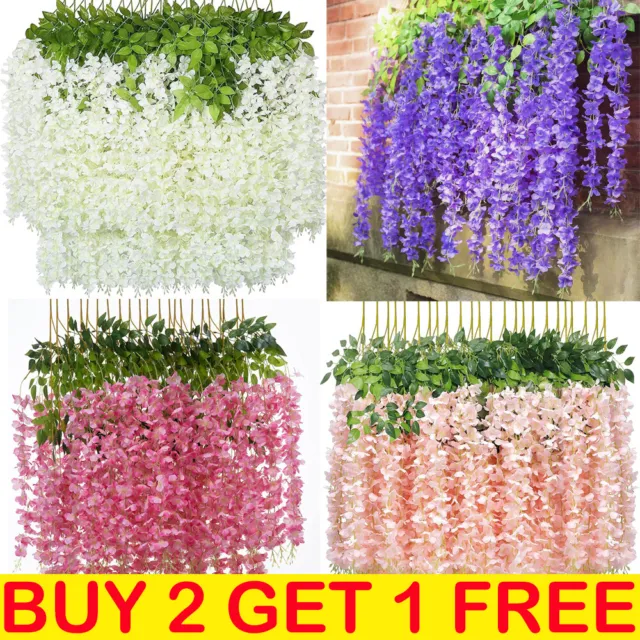 12x Artificial Hanging Wisteria Fake Silk Flowers Vine Plant Home Wedding Decor