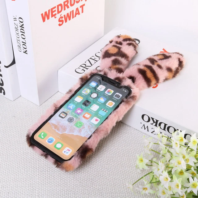 Peluche Lapin Cas De Téléphone De Mode Strass Hiver Garder Chaud 4