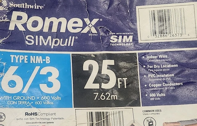 25Ft Southwire Simpull 6/3 Nm-B W/Ground Romex House Wire (New)
