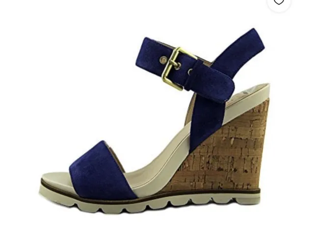 New 10.5 Blue Nine West Gronigen Women Open Toe Suede Wedge Sandal Slide Strappy