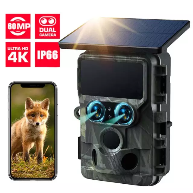 Duales Objektiv Solar Wildkamera WLAN 4K 30FPS 60MP Jagdkamera Nachtsicht Akku