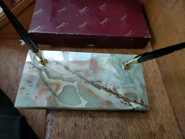 Vintage French Chamonix Desk Set onyx and golden metal W. USA Sheaffer pens