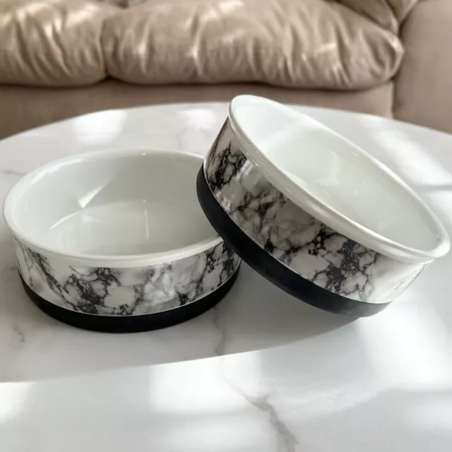Bone Dry Pet Bowl Collection Ceramic Set, Medium, Marble, 2 Count White