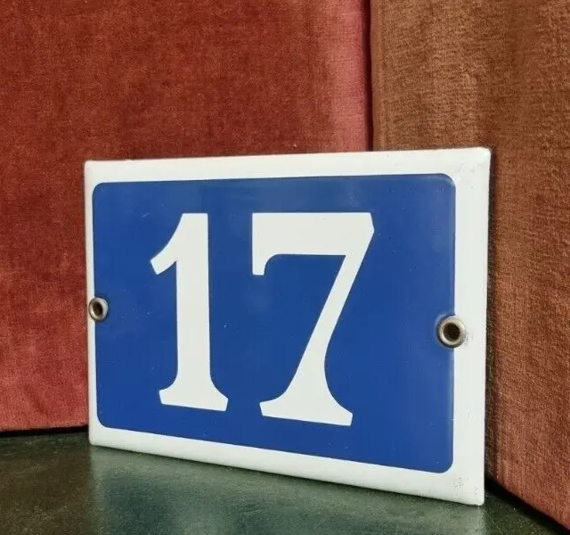 French vintage enamel house sign number 17 for door , gate , wall , street .
