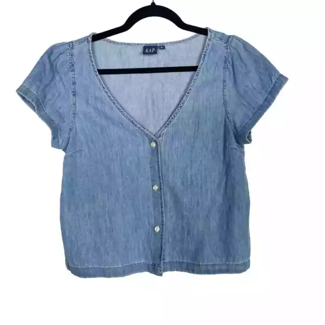 Gap Womens Small Blue Denim Chambray Short Sleeve Button Front Top Light Indigo