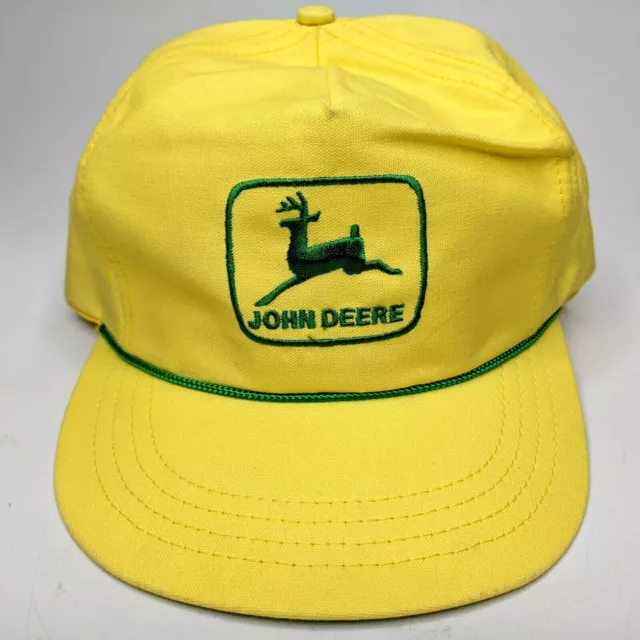 Vtg Yellow John Deere Hat Metal Buckle Rope Accent Green Flat Bill Cap NICE F2