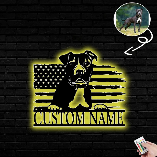 Personalized American pit bull terrier Dog American Flag Metal Sign Led Lights