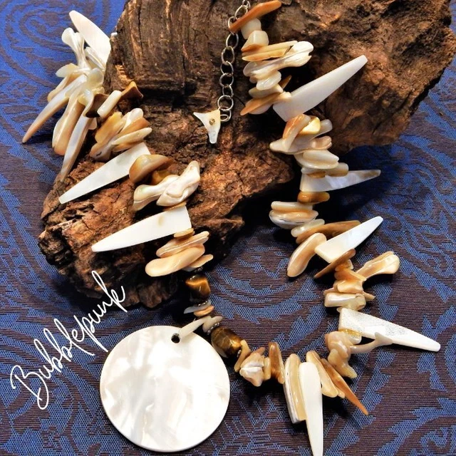 925 Sterling Silver Mother of Pearl Spiked Nugget Tigers Eye Fringe Bib Necklace