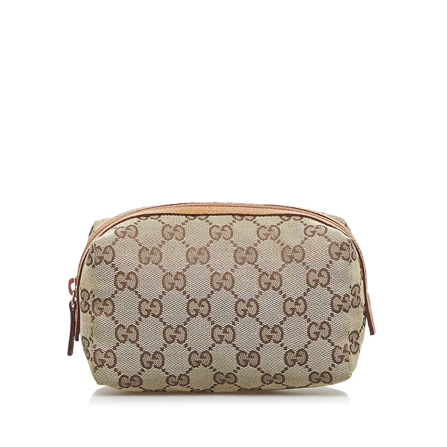 Authenticated Gucci GG Cosmetic Brown Beige Canvas Fabric Pouch