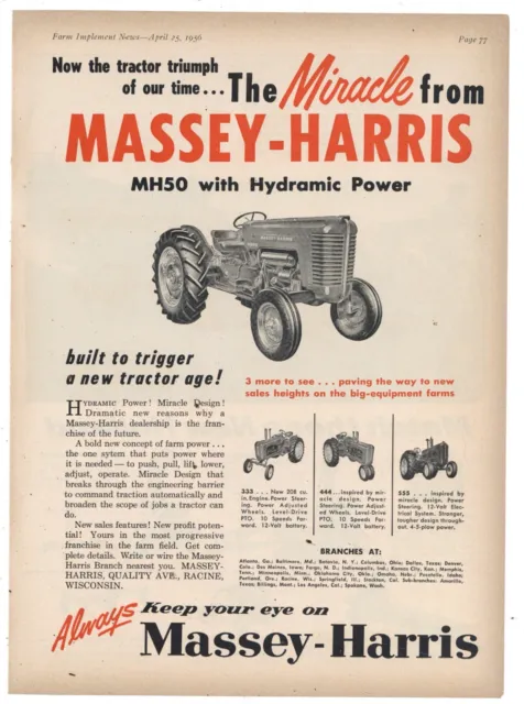 1956 Massey Harris Tractor Ad: MH50 with Hydramic Power - Keep Your Eye on MH