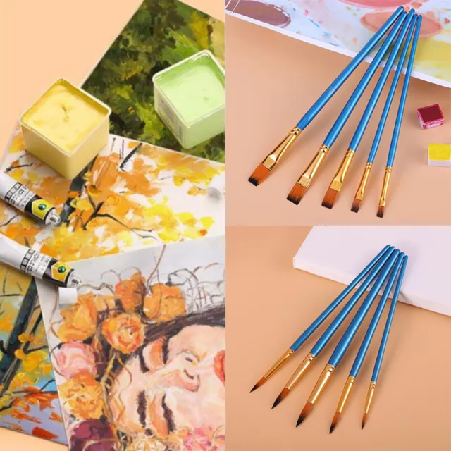 5Pcs Artist Paint Brush Set Nylon Bristles Hair Watercolor Acrylic Oil Paint~m'