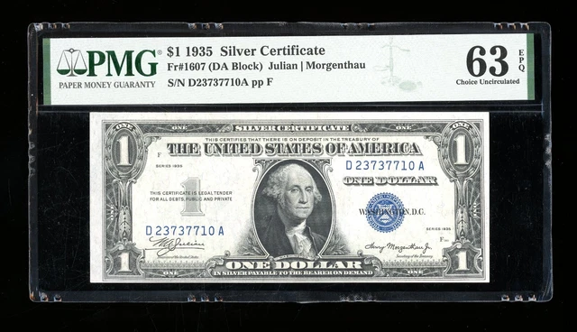 DBR 1935 $1 Silver Fr. 1607 DA Block PMG 63 EPQ Serial D23737710A