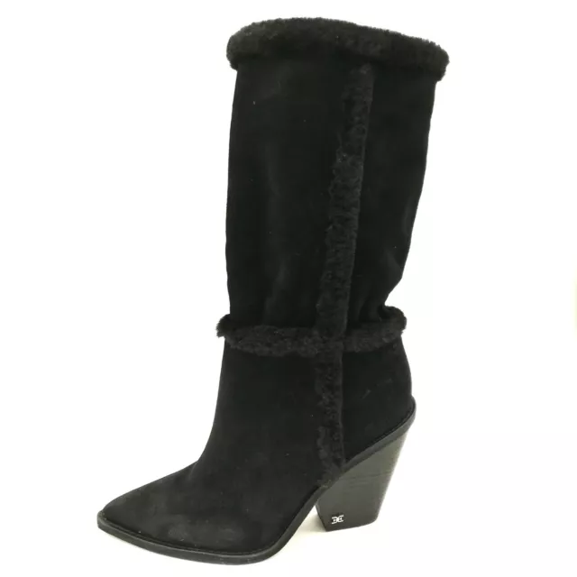 Sam Edelman Womens Ilsa Mid Calf Heeled Boots Black Suede Faux Fur Trim 6 New