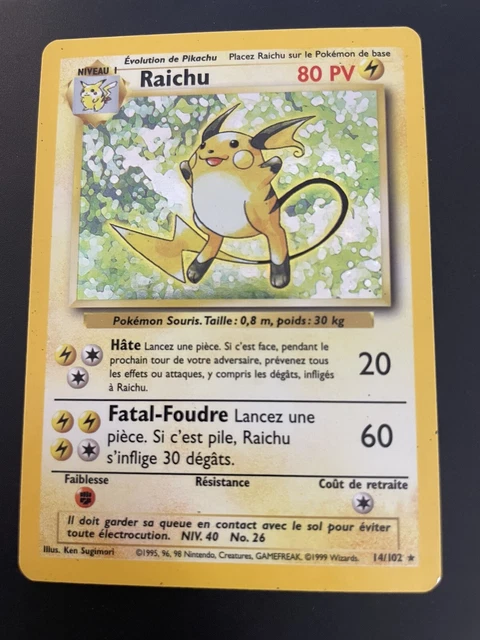 CARTE POKÉMON RAICHU 14/102 1ère édition EUR 349,99 - PicClick FR