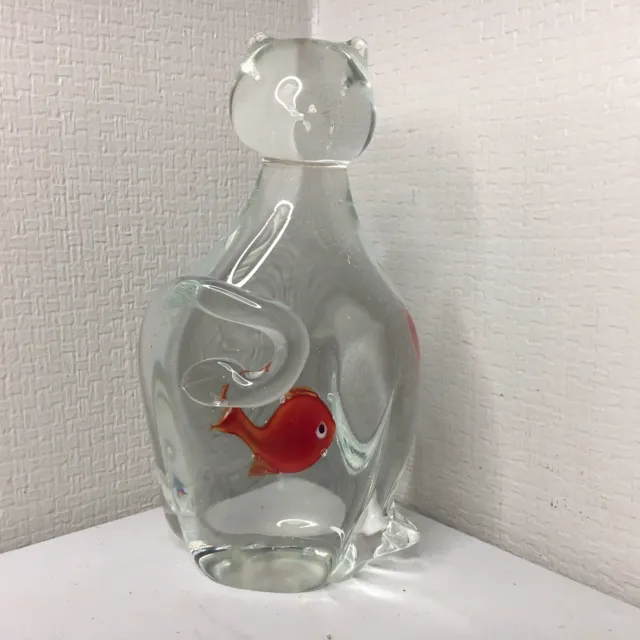 Murano Style Blown Glass Cat With Fish In Belly Figurine Statue 6.25” tall