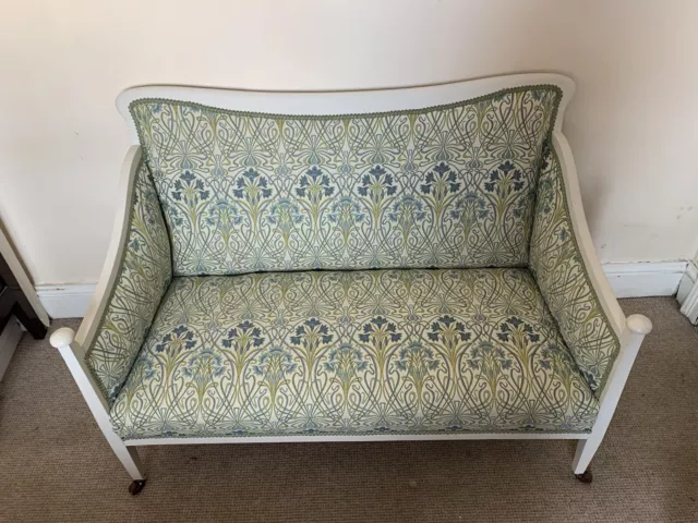 Vintage Wooden Ivory Upholstered Two seater Edwardian Sofa By Tagore Footstool
