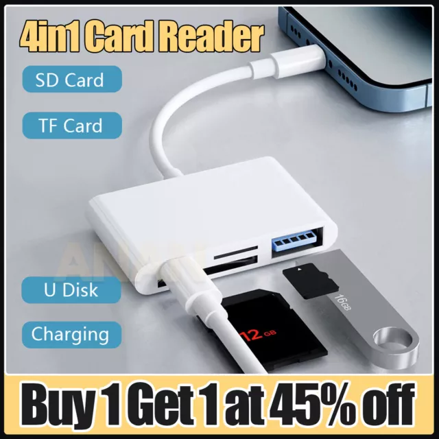 4 in 1 SD Memory Card Reader USB OTG Adapter For iPhone iPad No App Required