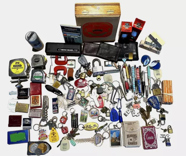 HUGE VTG Junk Drawer Lot Cigar Box Locks&keys Pens Knife Small Tools 100+ items