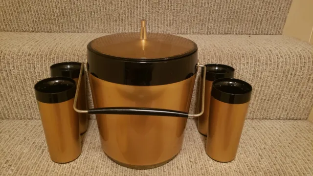 Mid Century Vintage THERMO-SERV RETRO Ice Bucket & 4 Tumblers 10oz Cups