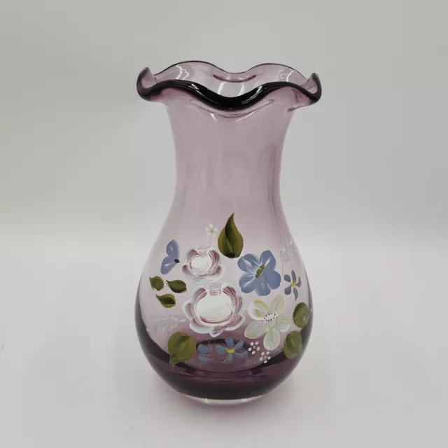 Vintage Teleflora Designed by Fenton Amethyst Glass Vase Hand Painted Flowers